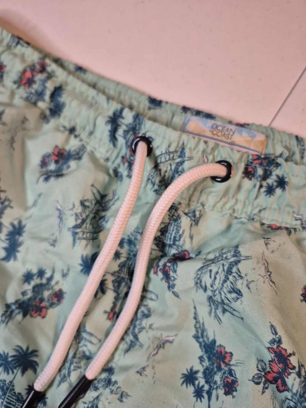 Men's Mint Green Tropical Print Swim Trunks with Elastic Waist 4829